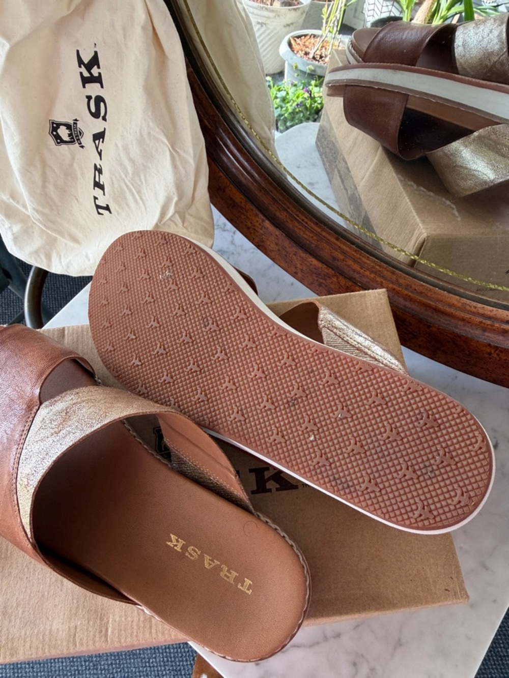 RSVD: Trask Leather Slide Sandals Brown and Metallic - Picture 6 of 10